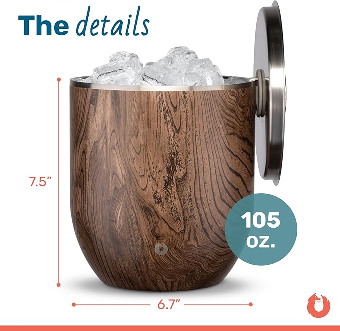 Snowfox Plus, Premium Vacuum Insulated Stainless Steel Ice Bucket with Lid/Scoop,Home Bar Accessories,Elegant Bartending Ice Buckets for Parties,Beautiful Outdoor Entertaining Supplies,3L,Dark Walnut