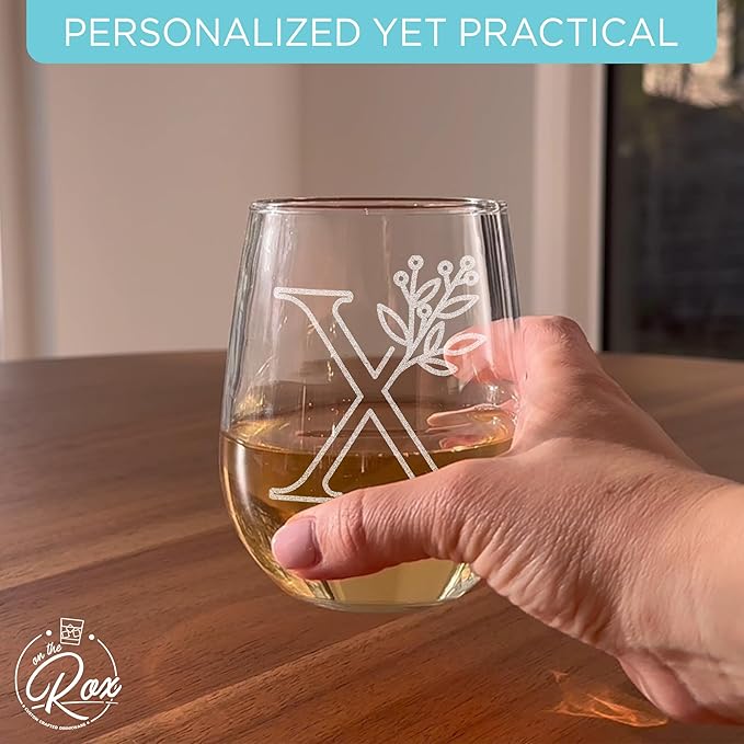 On The Rox Drinks Monogrammed Gifts For Women and Men - Letter A-Z Initial Engraved Monogram Stemless Wine Glass - 17 Oz Personalized Wine Gifts For Women and Men (X)