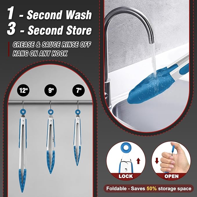Walfos Kitchen Tongs - 7" 9" and 12" Heat Resistant Food tongs, Thickened Stainless Steel and BPA Free Silicone Tips, Great for Cooking, Grilling, Turning, Dishwasher safe(3 blue silicone tongs)