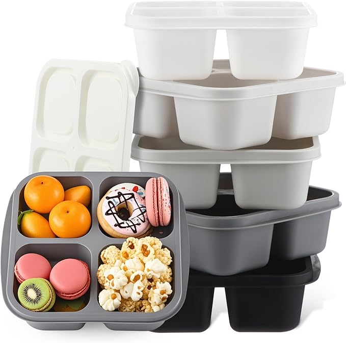 Honeydak 5 Pack Snack Containers 4 Compartment Bento Snack Boxes Reusable Lunchable Containers with Lids Divided Meal Prep Lunch Food Storage Box for School Work Travel(Black and White Ombre,Equal)