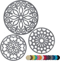 3 Set Silicone Trivet Mats with 1 Extra Large Included | Intricately Carved Insulated Flexible Durable Non Slip Thick Round Premium Trivets for Hot pots and Pans | Gray