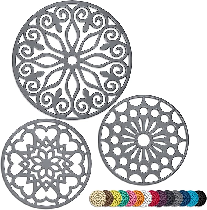 3 Set Silicone Trivet Mats with 1 Extra Large Included | Intricately Carved Insulated Flexible Durable Non Slip Thick Round Premium Trivets for Hot pots and Pans | Gray