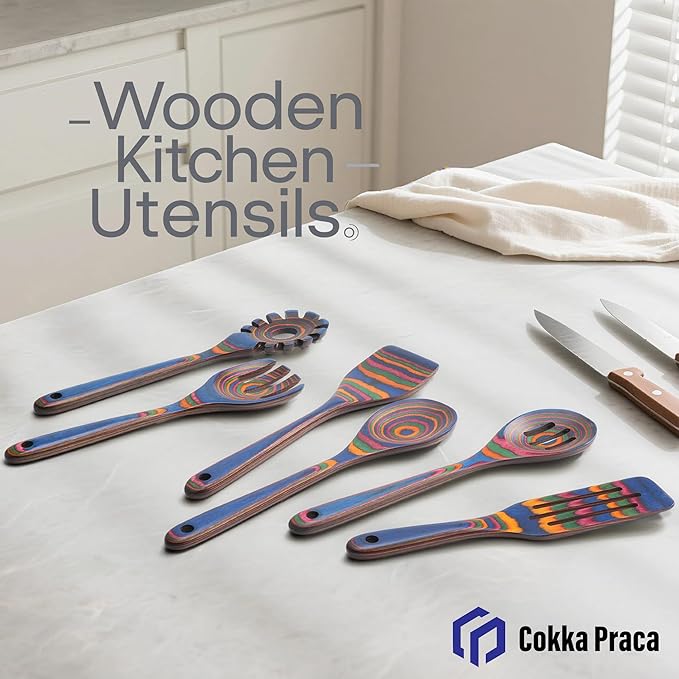 6-Piece Pakkawood Kitchen Utensils | Heat Resistant Pakkawood Utensils | Pakkawood Kitchen Cooking Utensil Set | Wooden Spoons for Cooking | Non-Sitck Cooking Spoons | Sapphire