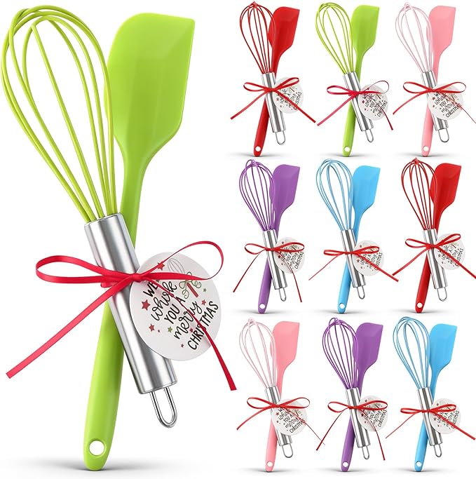 30 Pcs Christmas Baking Tool Gifts Sets Include 8 Inch Silicone Whisk Spatula and Xmas Greeting Cards Ribbon Wired Stainless Steel Whisk Set for Women Men Christmas Stuffers Gift