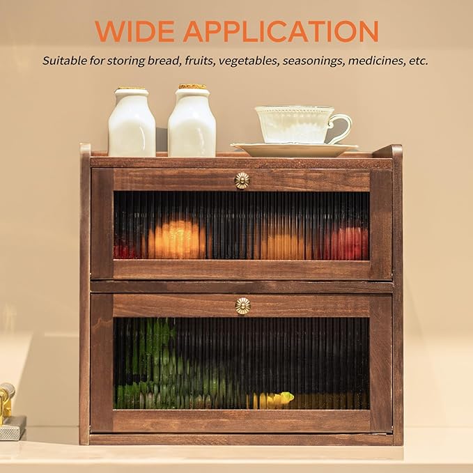 Solid Wood Bread Box for Kitchen Countertop with 50 Count Deli Paper, Double Layer Large Capacity Wooden Breadbox, Vintage Food Storage Container for Kitchen Counter Corner, Brown