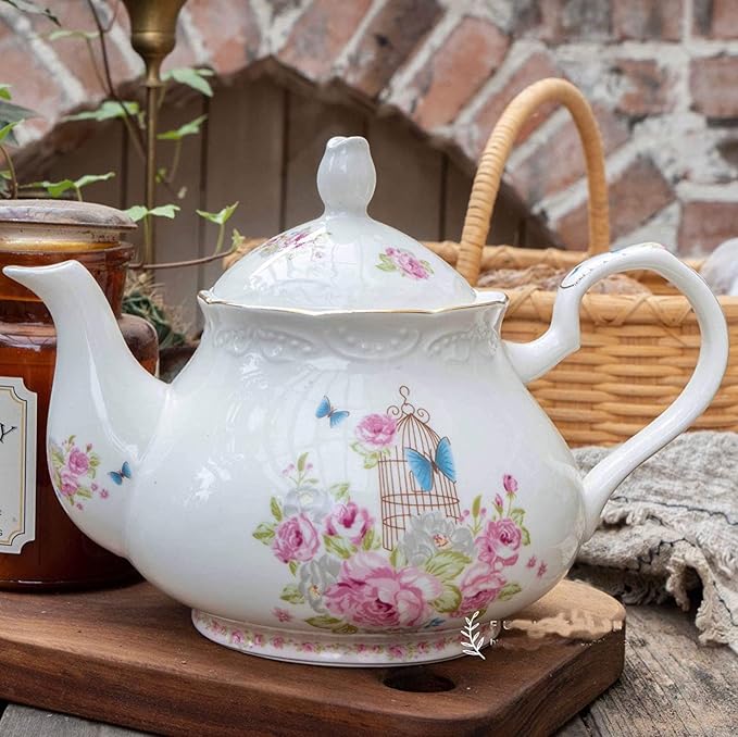 YBK Tech Strengthen Porcelain Coffee Pot Ceramic Teapot- Pink Rose (Teapot+ 2 sets of cup and saucer)