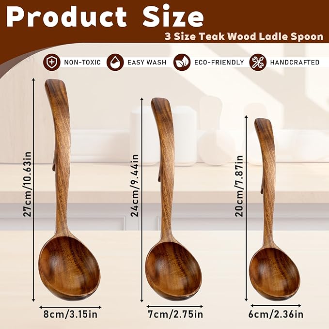 3 Pack Wooden Ladle for Soup, 3 Size Non-Stick Wood Spoons Scoop with Back Hooks Heat Resistant Comfortable Grip Kitchen Utensils Set for Pot Bowl Cooking Serving Stirring