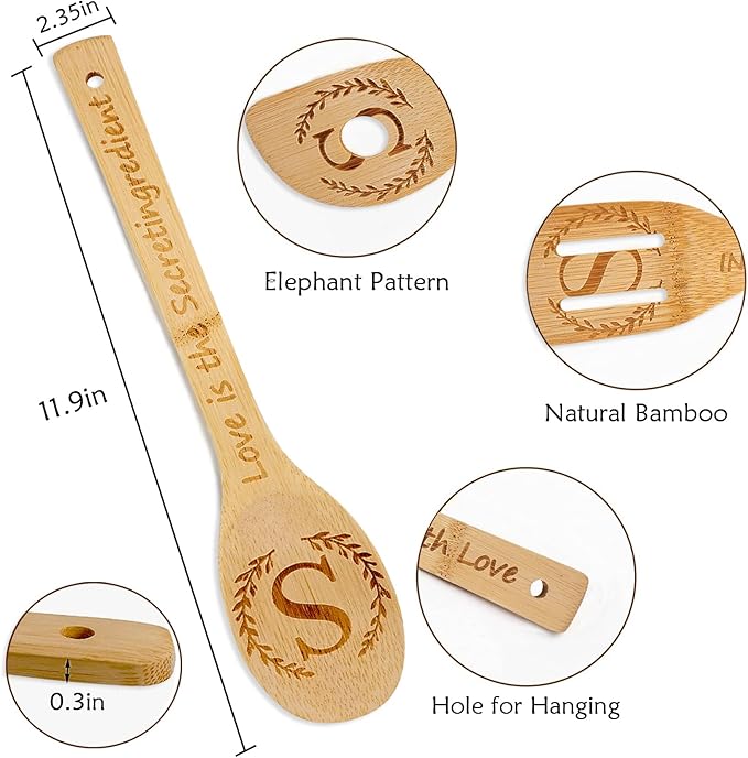 5PCS Initial Wooden Cooking Spoons Initial Letter Kitchen Decor Gifts Personalized Monogrammed Birthday Gifts for Women Mom Friend Housewarming Wedding Bamboo Cooking Spoons