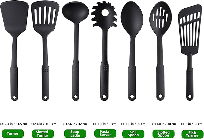 TJ POP Kitchen Utensils Set, 7PCS Cooking Utensils Set 410F° Heat Resistant & Non-stick Food Nylon Kitchen Gadgets Accessories For Cookware, BPA Free Kitchen Tools Gift (Black)