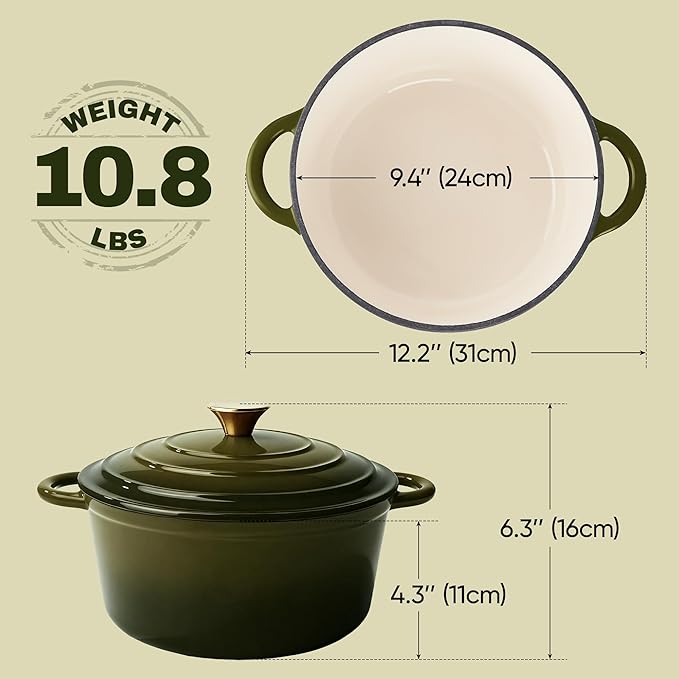 4.5 Quart Dutch Oven Pot with Lid, Non Stick Enameled Cast Iron Dutch Oven for Bread Baking, Heavy-Duty, Oven Safe Ceramic Cookware Up to 500°F for Baking, Braising, Stews, Roasting, Golden Green