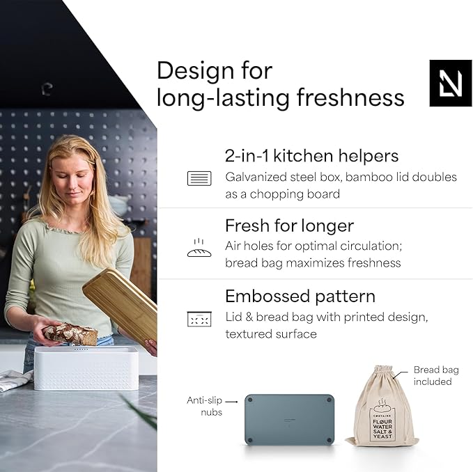 LARS NYSØM Bread Box I Metal Box with linen bag for long lasting freshness I Bread Bin with bamboo lid usable as cutting board I 13.4x7.3x5.3In (Stone Blue)