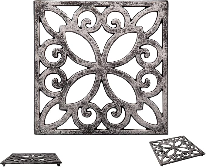 Comfify Decorative Cast Iron Trivet – Square Pattern for Kitchen or Dining Table – 6.5 x 6.5 with Rubber Feet – Recycled Metal – Rustic Design – Rust Silver Color