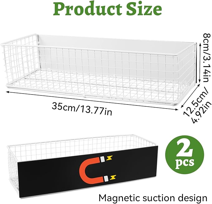 2 Pack Magnetic Basket for Fridge, Magnetic Spice Rack for Side of Refrigerator, Magnet Wire Bin Basket Fridge Shelf Organizer Kitchen Classroom Whiteboard Pantry Office Laundry Storage, White