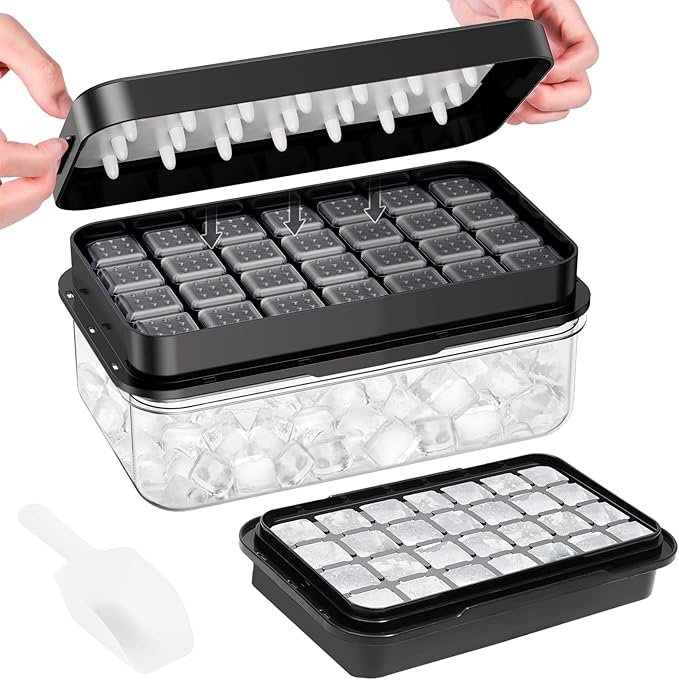 Ice Cube Tray with Lid and Bin, 28 pcs Ice Cubes Molds, Ice Trays for Freezer, Ice Cube Tray Mold, with 1 tray, Ice Freezer Container, Spill-Resistant Removable Lid & Ice Scoop, for Whiskey,Cocktail