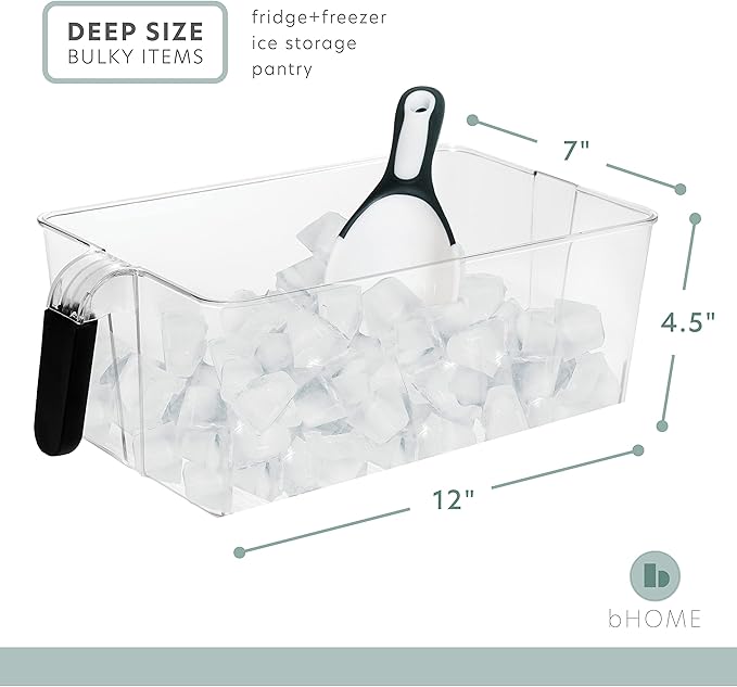 Ice Cube Tray + Ice Scoop For Freezer | Ice Bin & Flexible Scoop | BPA Free, Food Safe Ice Bucket | Clear Plastic Storage Bin, Laundry Detergent Holder, Freezer and Refrigerator Organizer Bin