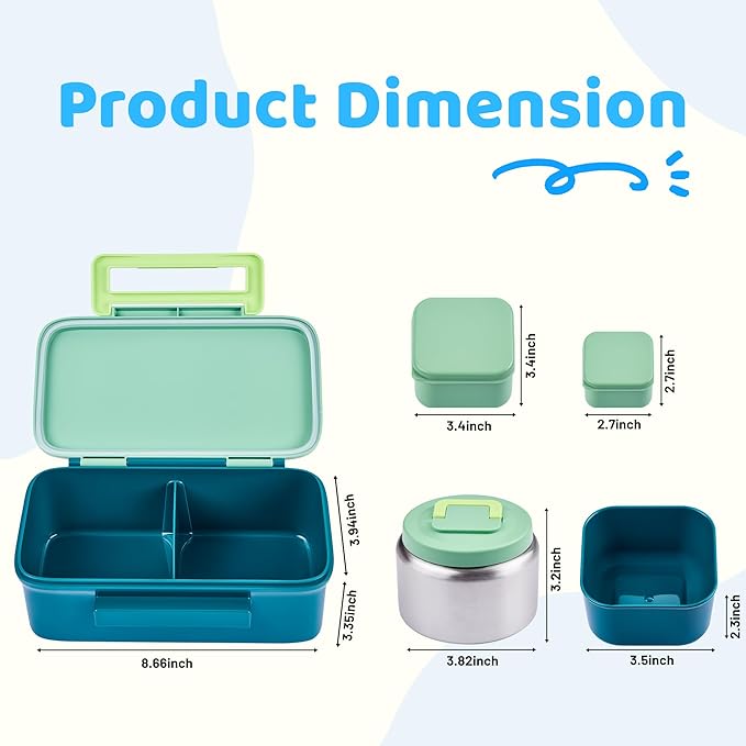 MAISON HUIS Kids Lunch Box with Thermo, Leakproof Bento Box with 8oz Insulated Food Jar, 2 Compartment Container for Back to School Girls Boys (Green)