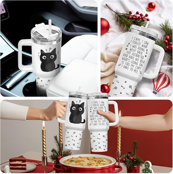 34HD Funny Black Cat Tumbler with Handle and Straw, 40oz Double Wall Vacuum Insulated Pet Mug, I Came I Saw Forgot Cup, Cat Gifts for Women Men Birthday Mothers Day Halloween Christmas