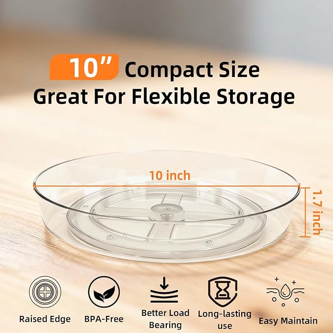 Lazy Susan Turntable for Spice Organization | Clear BPA-Free Plastic Rotating Organizer for Kitchen Cabinet, Pantry, Countertop, Fridge | 360-Degree Rotating Base (10 inch - 4 Pack)