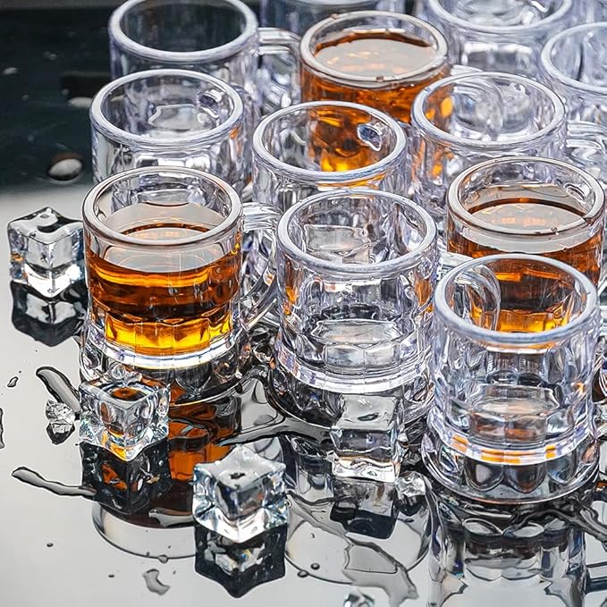 Plastic Beer Mug 2 Oz, 24 PCS Mini Beer Mug Shot Glasses, Heavy Base Clear Mini Beer Mugs, Small Plastic Shot Cups for Party Drink, Beer, Whiskey, Tequila, Vodka