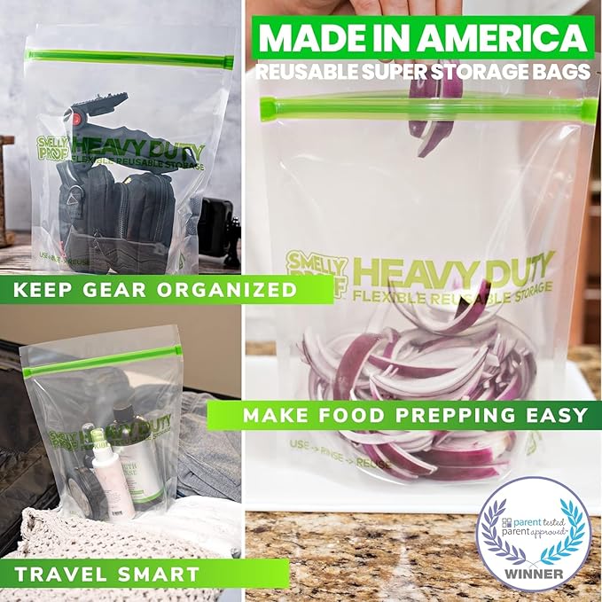 BULK VALUE, Smelly Proof 50-Pack HEAVY DUTY 5-mil Reusable Bags, Stand-Up, Expandable, Dishwasher-Safe, Odor-Proof, Durable Poly Nylon (Non-Silicone) US-Made 8.5" x 10" Quart 50pk