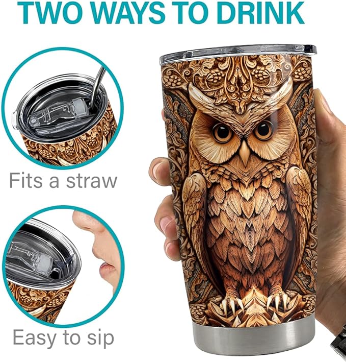 SANDJEST Owl Tumbler 20oz Stainless Steel Insulated Tumblers Coffee Travel Mug Cup Wood Drawing Style Owls Gifts for Women Men Gift for Birthday Christmas