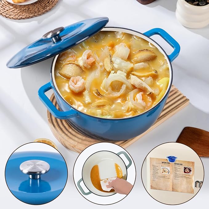 Enamel Cast Iron Dutch Oven with Lid,Dual Handles,Heavy-Duty Cookware for Sourdough Bread Baking,Braising,Stews,Roasting,Oven Safe up to 500° F,5.5QT,blue