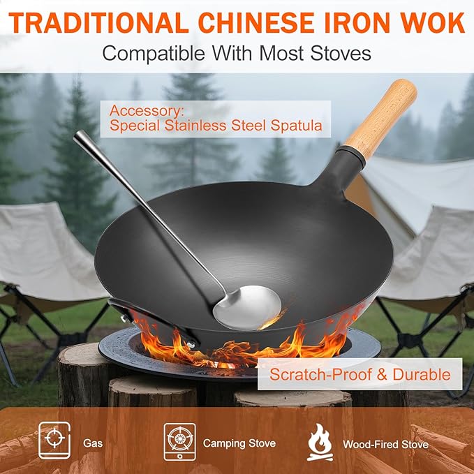 WANGYUANJI Iron Wok, 14.17 inch Traditional Round-Bottom Wok, Chef’s Professional Stir-Fry Pan with Wooden Handle, Chemical-Free Iron Wok for Gas Stoves and Round-Bottom Induction Stovetop