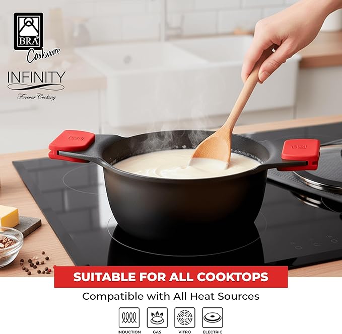 BRA COOKWARE Infinity Nonstick Stock Pot w/Glass Lid | 8 Inch 2.8 Quart Cast Aluminum Cooking Pot | PFOA/PFAS Free Deep Pot | All Cooktops (incl Induction) | Removable Silicone Handle
