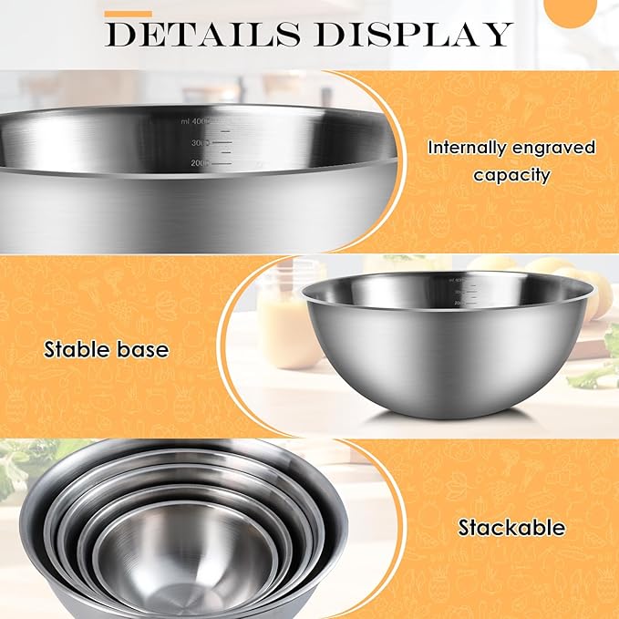 Stainless Steel Mixing Bowls Set of 5, Heavy Duty Stackable Nesting Bowls, Metal Mixing Bowls For Cooking, Prepping, Salad, Serving, Space Saving Kitchen Essentials, No Lids