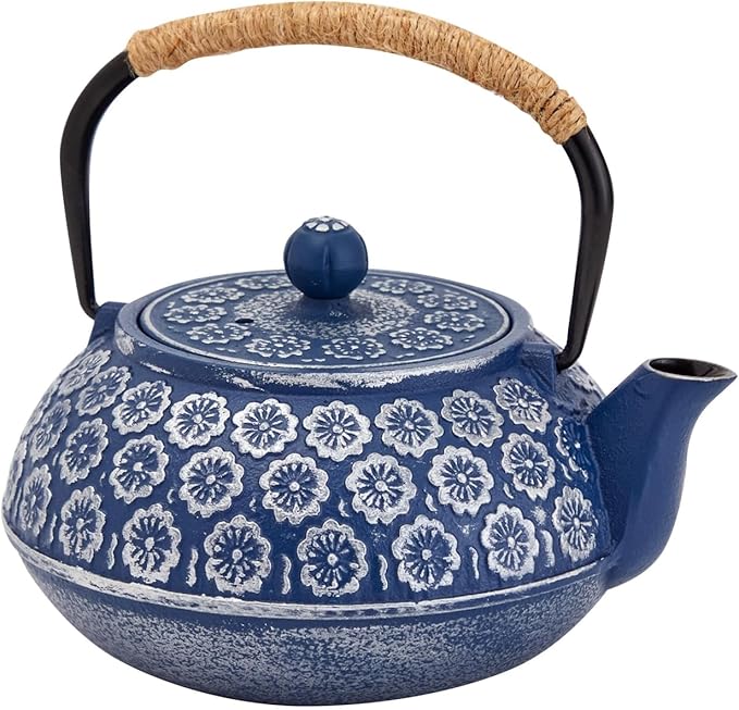 Juvale Japanese Cast Iron Teapot with Infuser - Enhanced Heat Retention in Cast Iron Kettle - Includes Stainless Infuser Basket & Trivet for Teapot Filter Set - 32 Oz, Blue