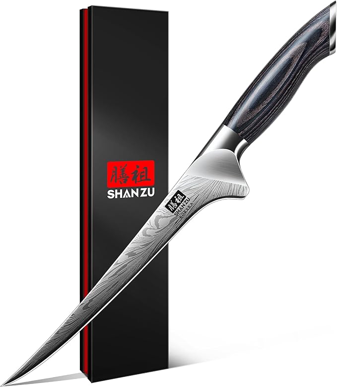 SHAN ZU Fillet Knife 7 Inch, Powder Steel Boning Knife High Carbon Japanese Filleting Knives, Ultra Sharp Deboning Knives for Meat Cutting, Fish Knive's with Ergonomic Pakkawood Handle