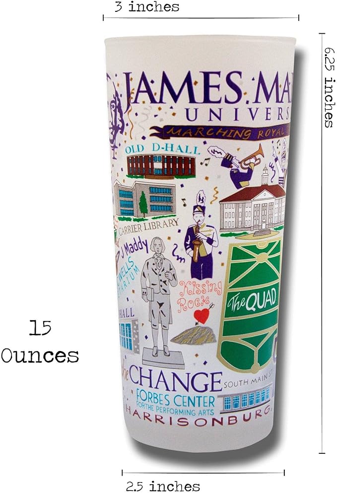 Catstudio Drinking Glass, James Madison University Glass Cup for Kitchen, 15oz Dishwasher Safe Tumbler for JMU Alumni