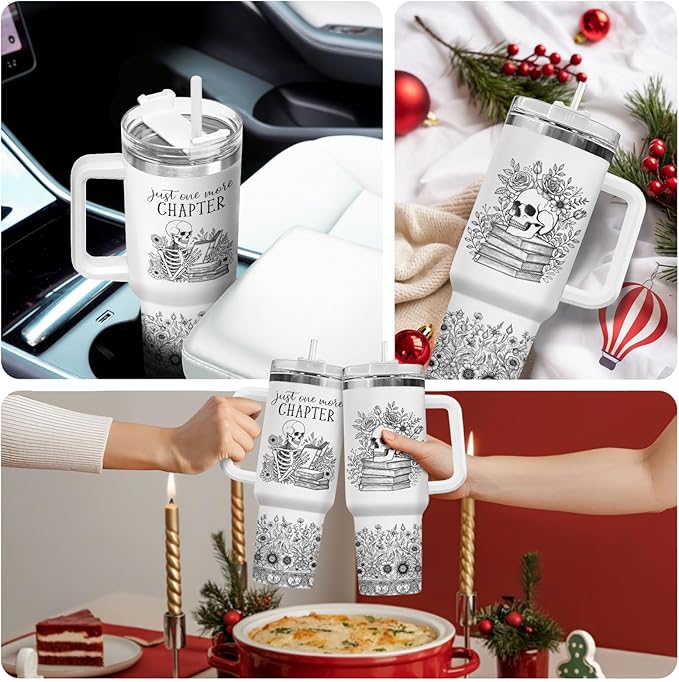 34HD Book Lovers Tumbler 40oz, Funny Skull Book Mug with Handle and Straw, Insulated Coffee Travel Mug for Bookworms, Librarians, and Teachers, Bookworm Gifts for Women