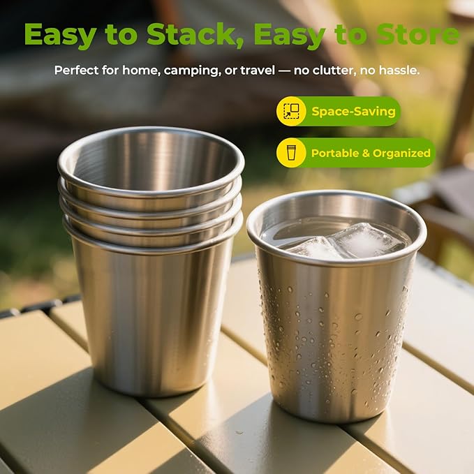 8 Pack 16oz Stainless Steel Cups, Stainless Steel Stacking Beer Pint Cups, Stainless Steel Water Tumbler for Home, Party, Camping, Outdoor, Stackable Drinking Glasses, Reusable, BPA Free
