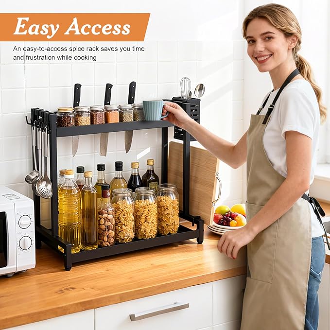 Countertop Spice Rack Organizer 2-Tier Seasoning Organizer with Metal Guardrail Design Suitable for Kitchen/Stovetop/Kitchen Island/Corner, Spice Rack Includes Basket, Hooks, and Pot Lid Holder