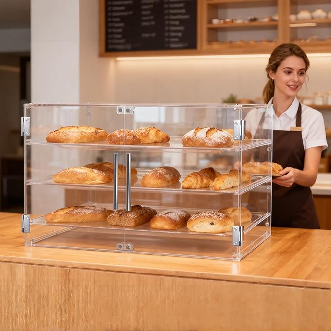 Bakery Display Case for Commercial Countertop, Acrylic 3-Tier Large Pastry Storage Box with Magnetic Door and Removable Tray for Dessert Donut Bread Cake Cupcake Cookie 21" x 16.2" x 14.2"