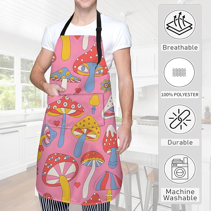 Cartoon Mushroom Apron,Oxford Fabric Adjustable Kitchen Apron with 2 Pockets,Waterproof Cooking Aprons for Men Women Mom Wife Dad,Ideal Gifts for Coffee,Shop,Baking,BBQ,Housewarming,28x33in