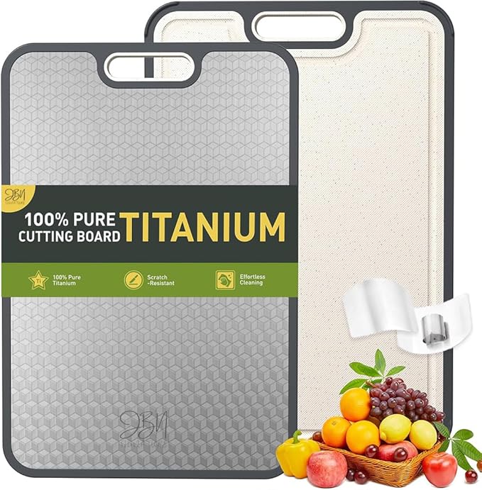Titanium Cutting Board for Kitchen-2 in 1 Double Sided Pure Large Cutting Board with Magic Cube Texture & 2 Stainless Steel Finger Guards, Non-Slip, Scratch-Resistant, Dishwasher Safe