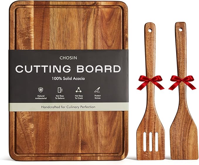 CHOSIN Wood Cutting Board, Acacia Chopping Board with Juice Groove - 16"x12" Cutting Board with Wooden Spatula Set for Kitchen and House Warming Gift