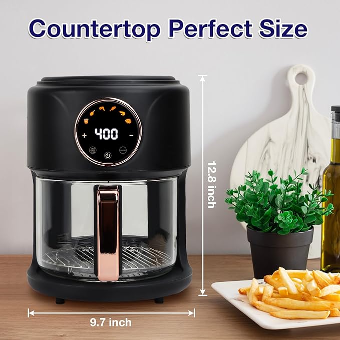 4.7QT Glass Air Fryer, 360° Viewable Glass Air Fryer Non Toxic, 6-IN-1 Preset Cook Modes, Digital Display, Adjustable Temp 100F - 400F, Nonstick, Dishwasher Safe, Black