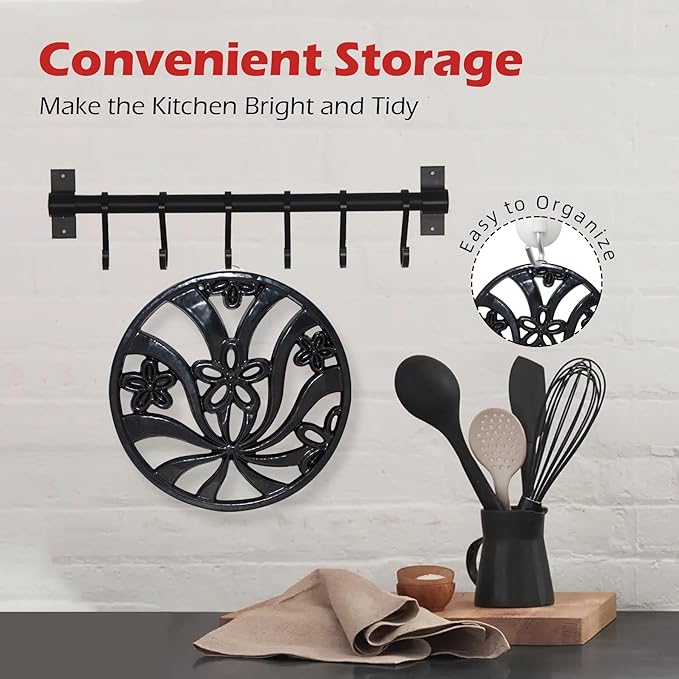 Vintage Cast Iron Trivet, Heat-Resistant Metal Trivet for Hot Dishes Pots Pans with Daffodil Pattern for Tabletop Protection, Black