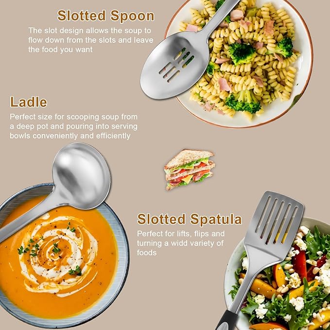 4-Piece Cooking Spoons Set, Serving Spoons Set, Stainless Steel Kitchen Cooking Utensil Sets, Slotted Spoon, Ladle, Turner, Serving Spoon, Commercial and Residential Use
