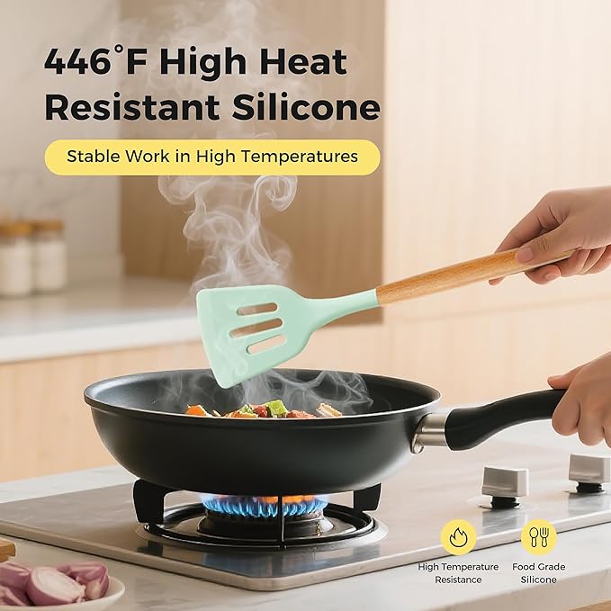 Kitchen Utensils Set with Wooden Handle, 26 Pieces Heat Resistance Silicone Cooking Utensils Set with Holder, Food Grade Non-Stick Silicone Spatula, Kitchen Set for Cooking (Light Green)