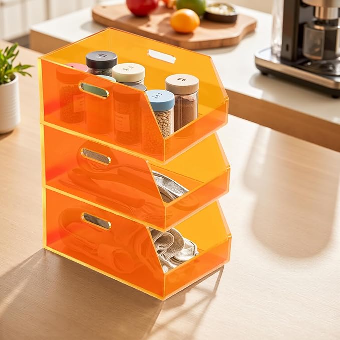 Gelite Stackable Storage Bin Organizer with Handles Acrylic Storage Container for Toy Pantry Kitchen Cabinet Bathroom Closet Office Organization, 11.4x7.5x5.1'', Neon Orange