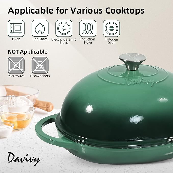 Davivy Cast Iron Oval Bread Pan with Lid 6QT, Dutch Oven for Sourdough Bread, Non-stick Cast Iron Sourdough Baking Pan with Silicone Oven Mitts - Foreset Green