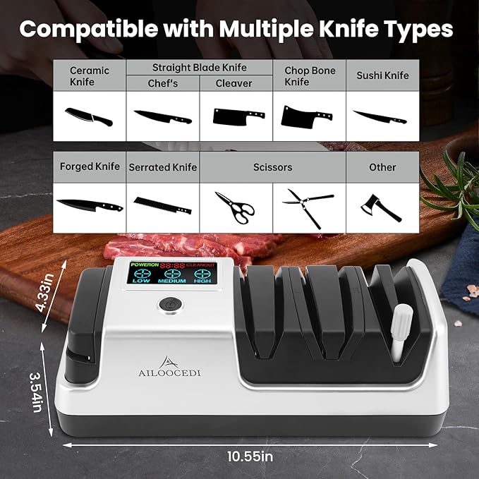 Electric Knife Sharpener with LCD Screen, 3-Stage Speed Adjustable Knife Sharpener for All Kitchen Knives Quick Sharpening (Silver)