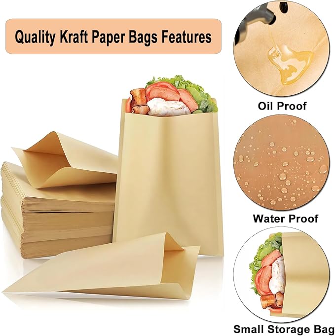 Small Sandwich Bags, oil proof and water proof Paper Snack Bag,Donut Bags To Go, 100 Pcs Small Bakery Paper Bags for Treat, Snack, Cookie Packaging, Brown(12cm*16cm)