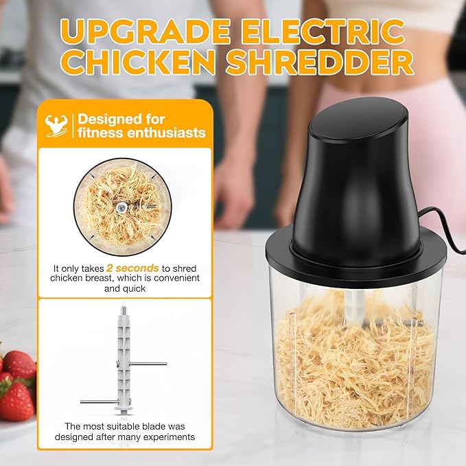 Electric Chicken Shredder Tool: 250W Multifunctional Press-to-Operate Meat Shredder Tool with Large Capacity - Meat Grinder for Chicken Breast, Meats, Fruits, Vegetables, Nuts (Black)