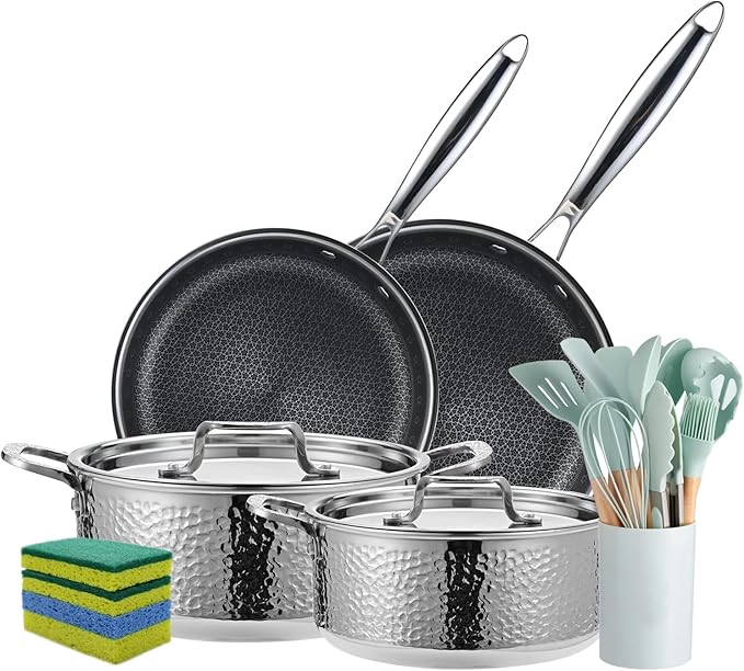 Vivicreate 20 Piece Stainless Steel Cooking Pot pots and Pan pans Cookware Set Non Toxic PFOA Free Non Stick Pots and Pans Hammered Design Induction Compatible Ollas de Acero Inoxidable