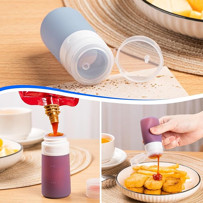8-Pack Salad Dressing Container To Go, 2-oz Silicone Small Condiment Squeeze Bottles and 1.6 oz Stainless Steel Sauce Containers Cups, Leakproof Condiment Containers with Lids for Lunch Box